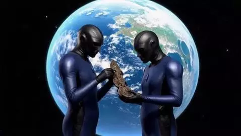 AI Video from prompt: Two aliens, behind the porthole is the planet Ea