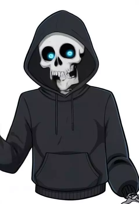 AI Video from prompt: cartoon skeleton in a black hoodie sitting at a 