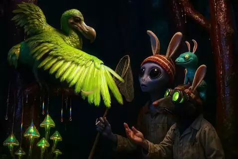 AI Video from prompt: The dodo bird flaps its wings. Feather floats do