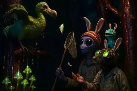 AI Video from prompt: The dodo bird flaps its wings. Feather floats do