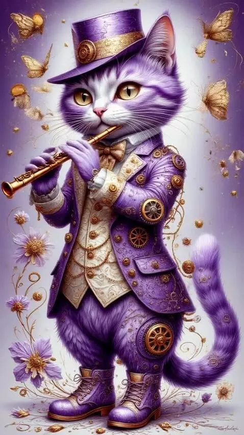 AI Video from prompt: Кот играет на флейте, вокруг медленно летают све