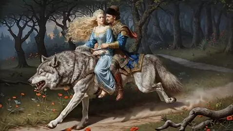 AI Video from prompt: The camera moves next to the jumping wolf with r