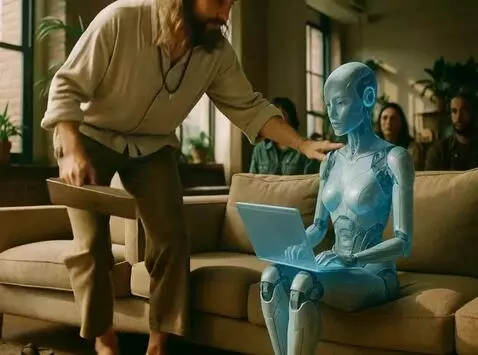 AI Video from prompt: Our hippie founder is interacting with his AI ag