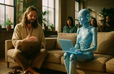 AI Video from prompt: Our hippie founder is interacting with his AI ag