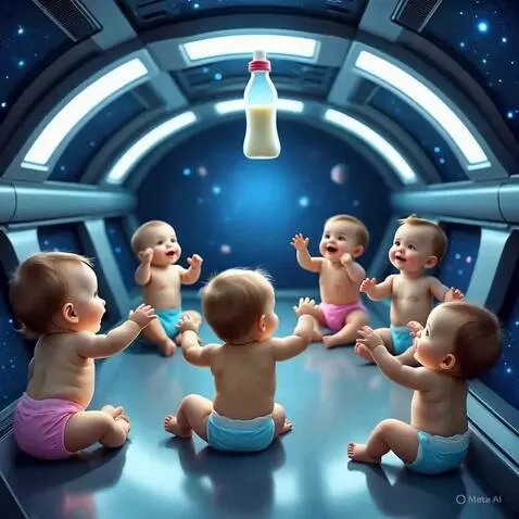 AI Video from prompt: In cosmos, Într-o navă spațială,bebelușii reali 