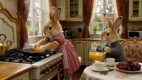 AI Video from prompt: два милых пушистых светло-коричневых зайца на за