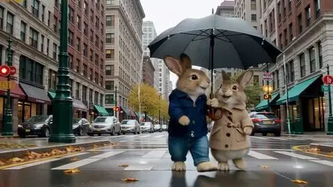 AI Video from prompt: Два милых пушистых зайца на задних лапах идут по