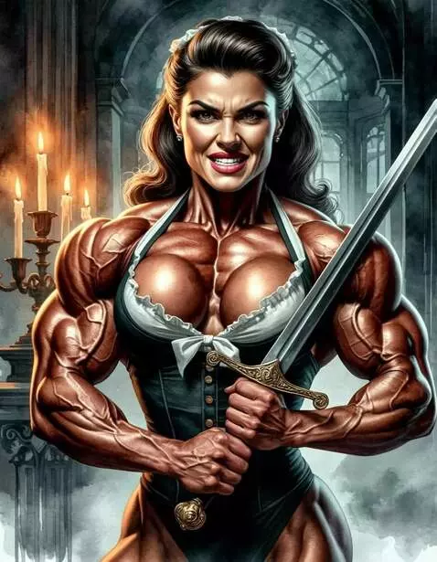 AI Video from prompt: Maid bodubuilder holds sword, muscular, muscle b