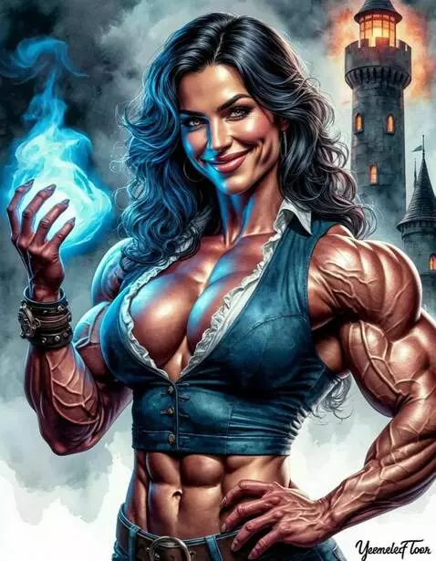 AI Video from prompt: Yennefer bodybuilder, holds blue flame, muscle b