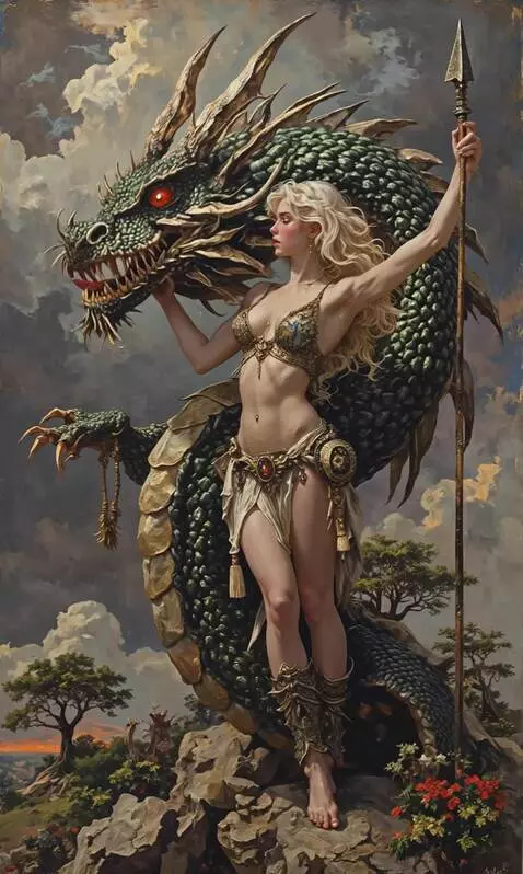 AI Video from prompt: A warrior girl leans on a spear and caresses her