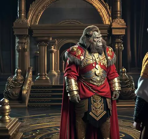 AI Video from prompt: fomo king is looking at a huge part of his treas