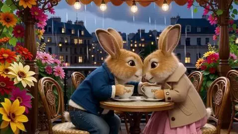 AI Video from prompt: Два милых пушистых светло-коричневых зайца он в 