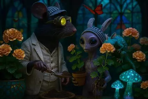 AI Video from prompt: Rat digs into soil. The alien extends pot and th