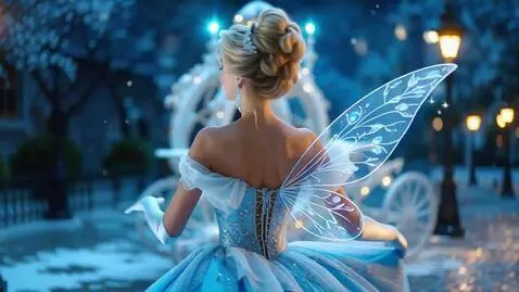 AI Video from prompt: The beautiful smiling Cinderella slowly spins in