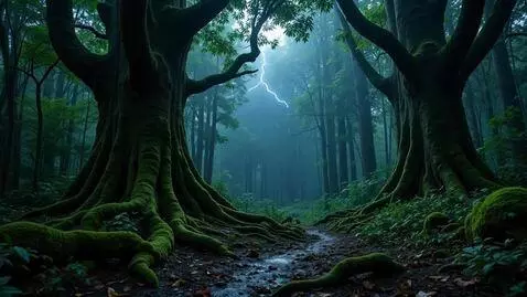 AI Video from prompt: rain forest in midnight+thunder