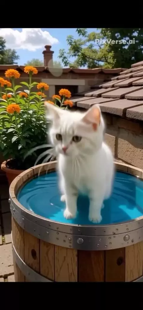 AI Video from prompt: Кот прыгает вниз в лужу с огромными брызгами