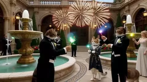 AI Video from prompt: Cats in dapper clothes at a fancy and extravagan
