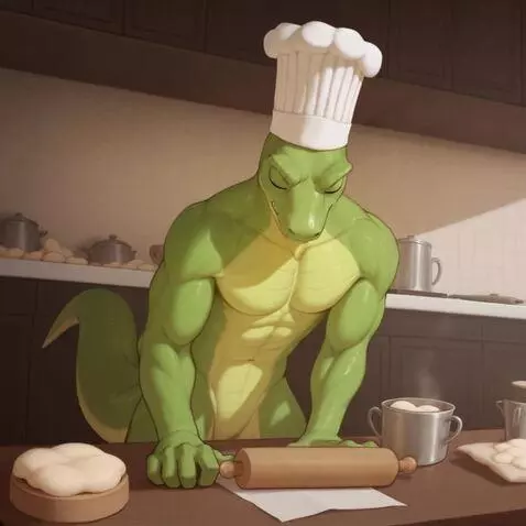 AI Video from prompt: Lizard dude is making mixing dough than slams it