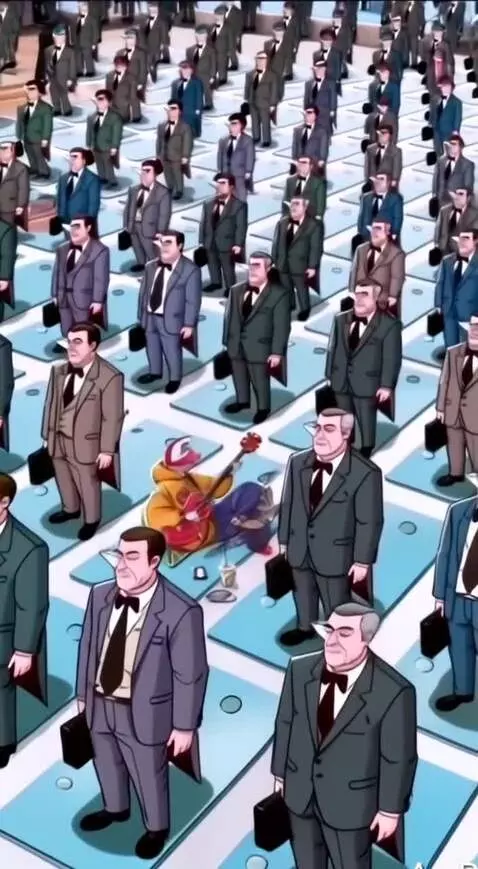 AI Video from prompt: Люди в костюмах начинают одновременно маршироват