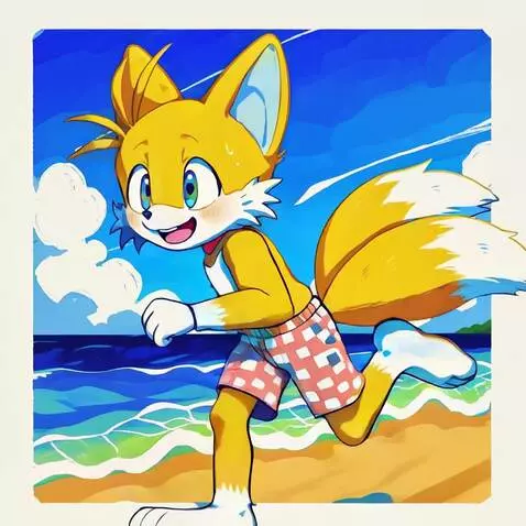 AI Video from prompt: Armless Miles Prower runs on the beach besides t