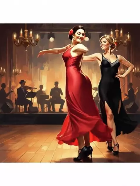 AI Video from prompt: Две женщины танцуют танго. Женщина в красном пла