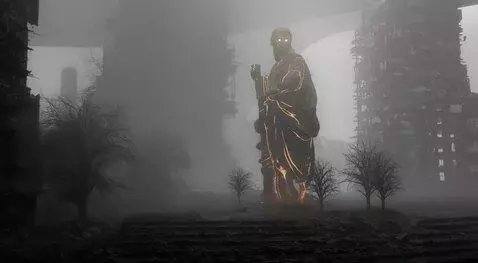 AI Video from prompt: epic post-apocalyptic city, broken colossal stat