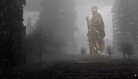 AI Video from prompt: epic post-apocalyptic city, broken colossal stat