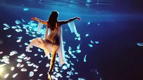 AI Video from prompt: A dancer moves gracefully beneath an endless oce