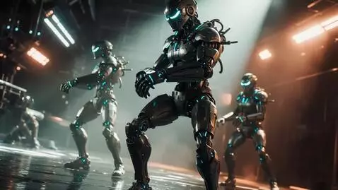 AI Video from prompt: Futuristic humanoid robots straighten up, raise 