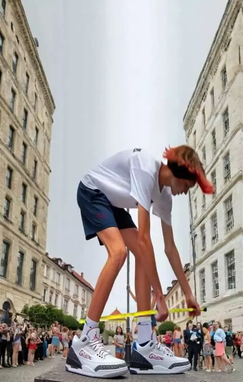 AI Video from prompt: Measure your big sneakers and show them to peopl