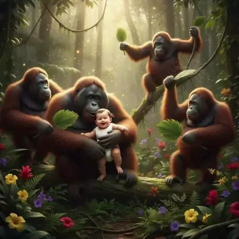 AI Video from prompt: Bebelușul buclucaș râde în brațele urangutanului