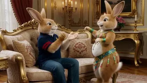 AI Video from prompt: Два милых пушистых зайца на задних лапах. Он в д