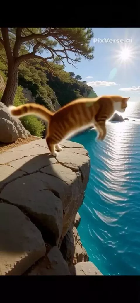 AI Video from prompt: Кот прыгает сальто и в воду с огромными брызгами