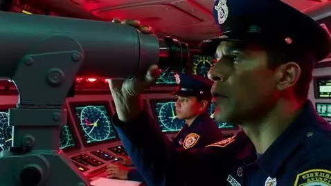 AI Video from prompt: Cinematic close-up shot of the captain of a Virg