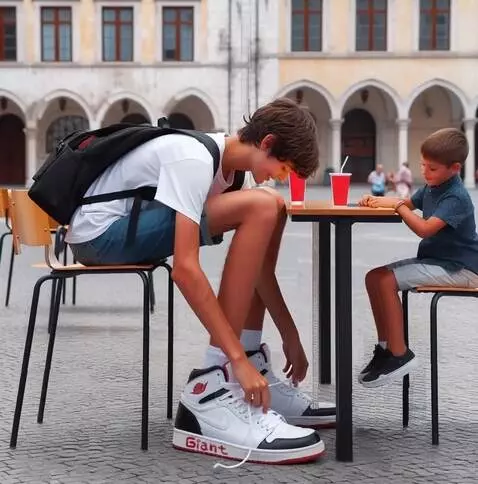 AI Video from prompt: tie your shoelaces and whispers in the boy's ear