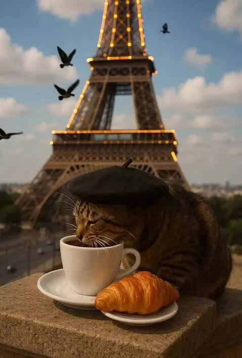 AI Video from prompt: Кот пьет кофе и закусывает круасоном на заднем ф