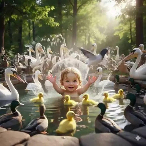 AI Video from prompt: Bebelușul stropește cu apă păsările,iar păsările