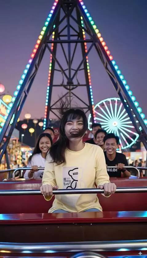 AI Video from prompt: Wanita itu sedang naik wahana kora-kora, gerakan