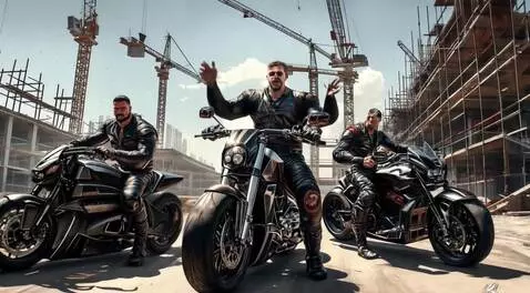 AI Video from prompt: Мускулистые парни строители в кожиных гоночных к