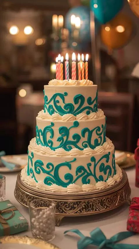 AI Video from prompt: A beautifully decorated white and turquoise cake