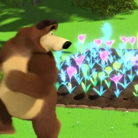 AI Video from prompt: A bear runs towards a garden from the Roblox gam