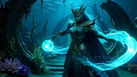 AI Video from prompt: A powerful aqua sorceress commanding swirling, g