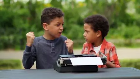 AI Video from prompt: Two kids quarreled over a typewriter. The reacti