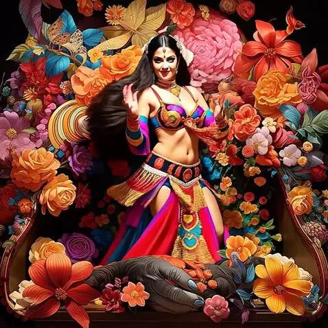 AI Video from prompt: Fomo flower girl is doing a bellydance whilst sp