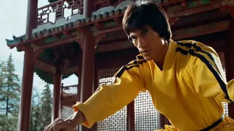 AI Video from prompt: Bruce Lee in a yellow jumpsuit with black stripe