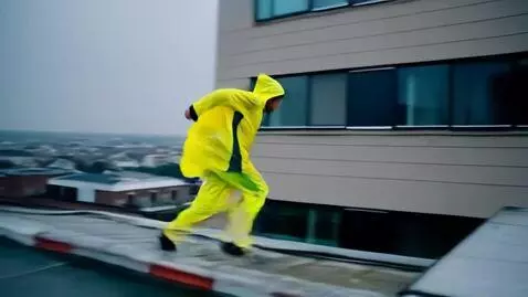 AI Video from prompt: Курьер в жёлтом дождевике с термо сумкой за спин