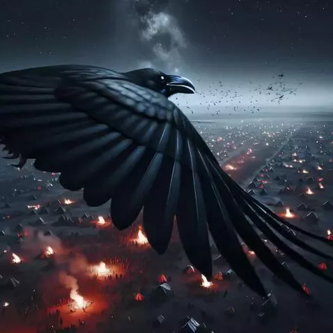 AI Video from prompt: A large raven, accompanied by a stream of birds,