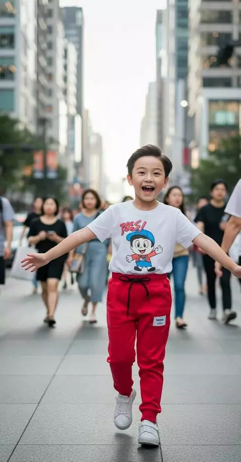 AI Video from prompt: seorang anak berjalan tampil bahagia