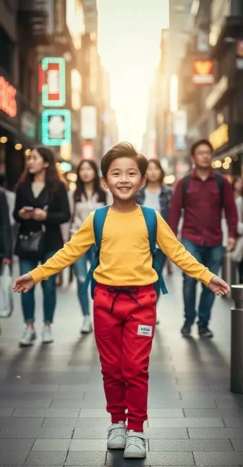 AI Video from prompt: seorang anak berjalan tampil bahagia