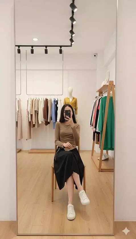 AI Video from prompt: Wanita itu sedang berpose mirror selfi sambil du